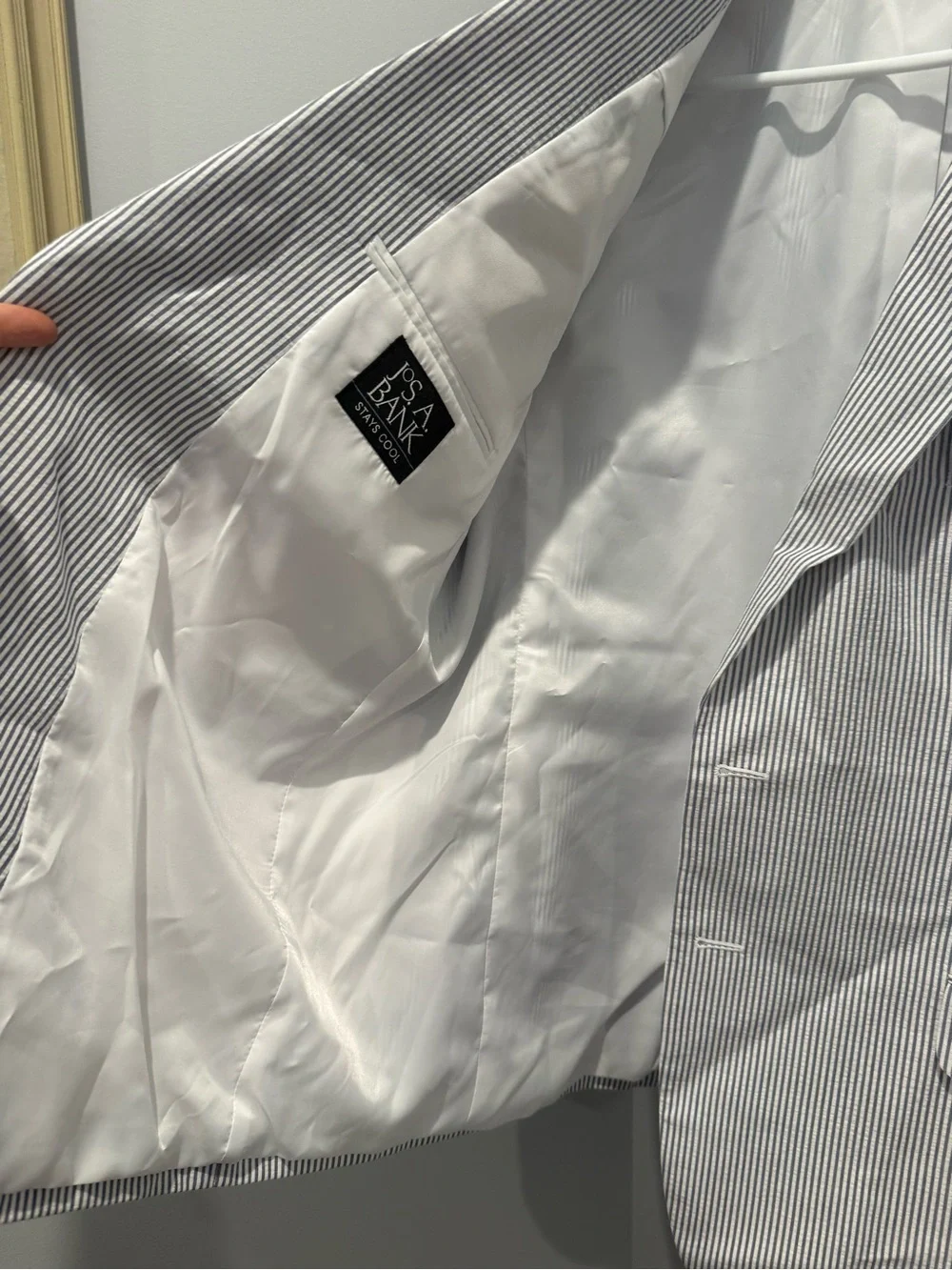 Jos. A. Bank White & Navy Pinstripe Seersucker Blazer